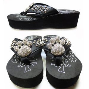 Black Clear Rhinestone Paw Print Flip Flops